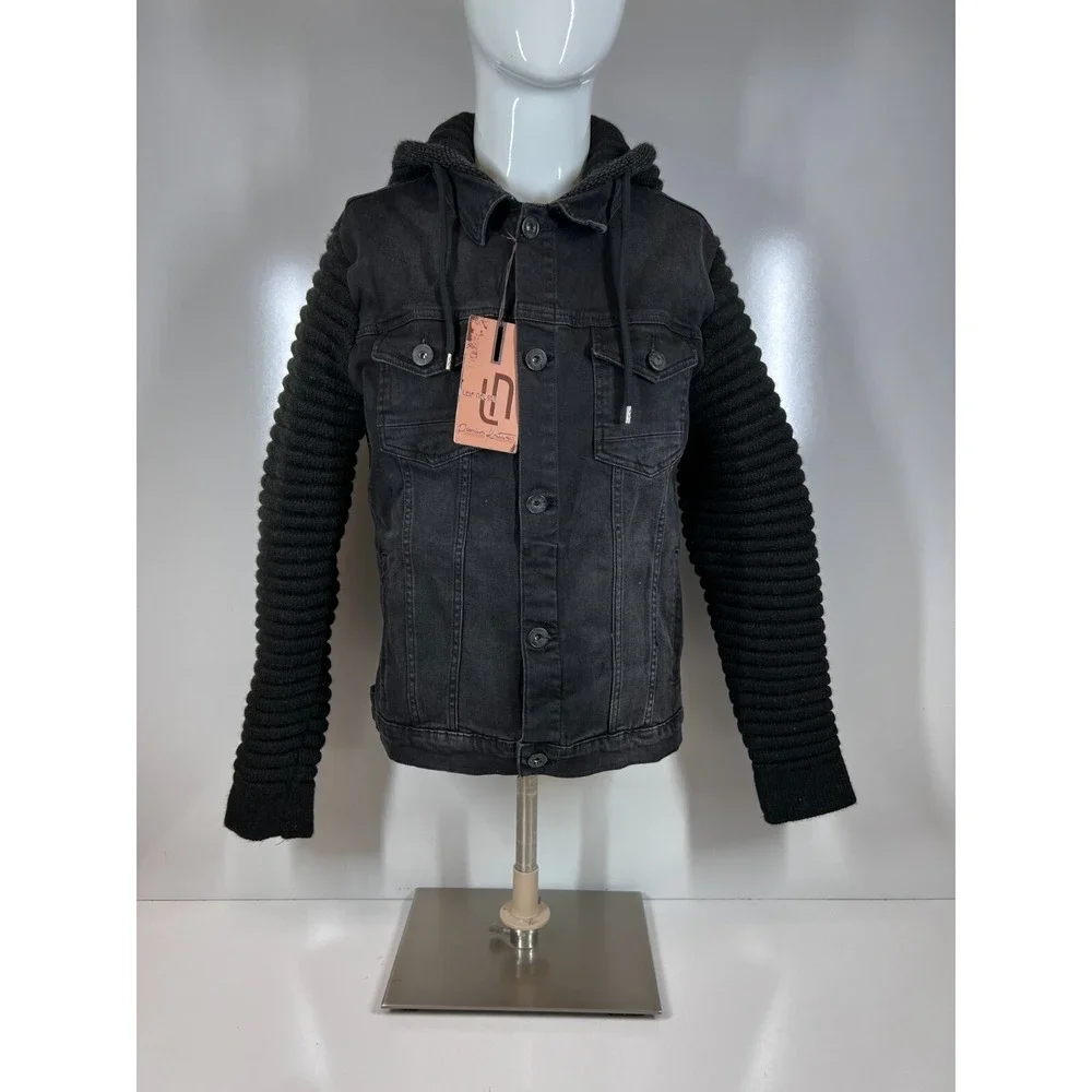 NWT Leif Nelson Black Knitted Sleeves‎ Hooded Denim Jacket Mens SZ Large LN5240